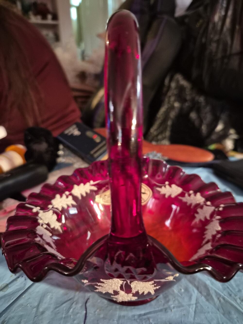 Vintage Fenton Art Glass Ruby Red Basket With An Ruffled Rim And Handpainted...